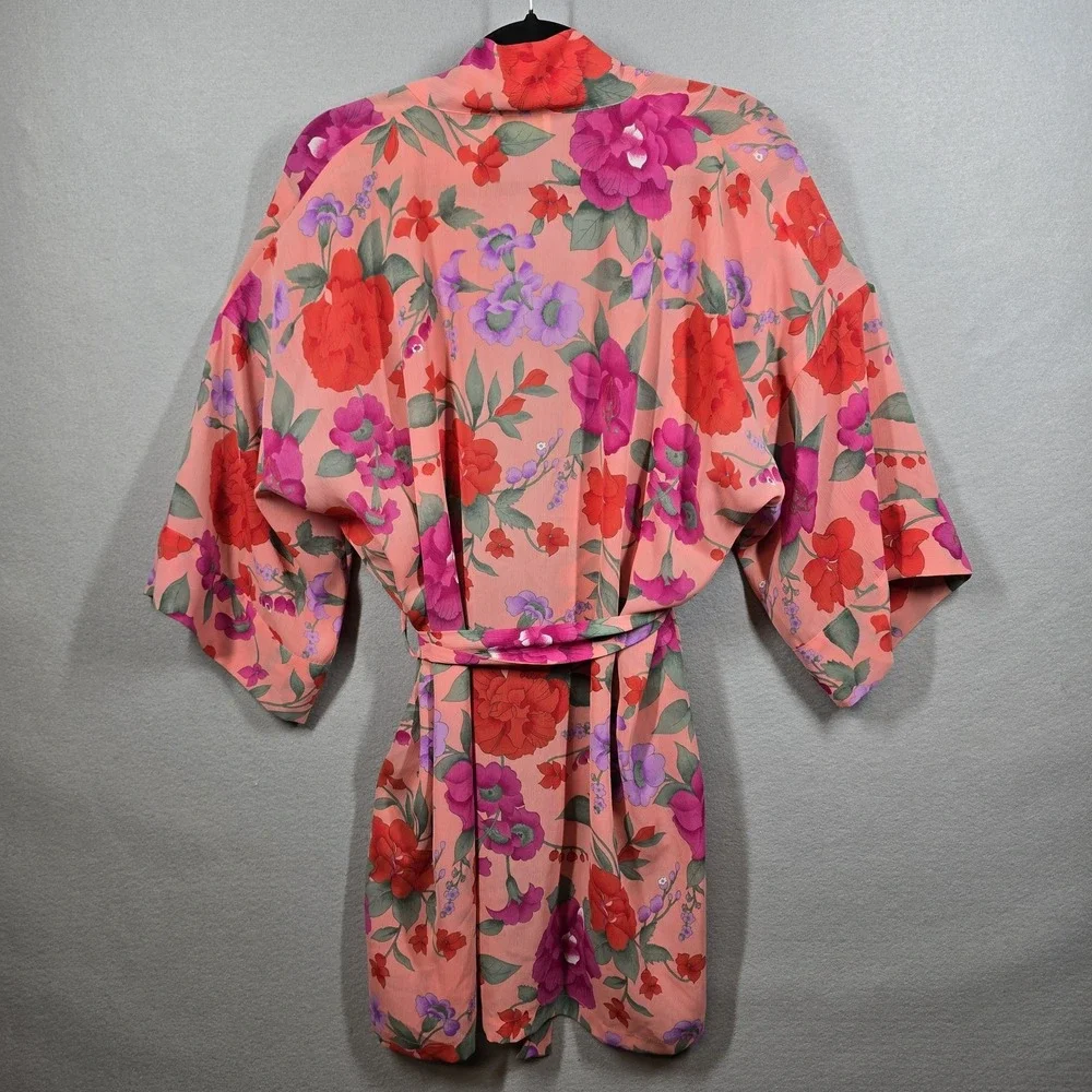 Victoria's Secret Coral Floral Satin Robe with Pink & Purple Blooms - Picture 3 of 5
